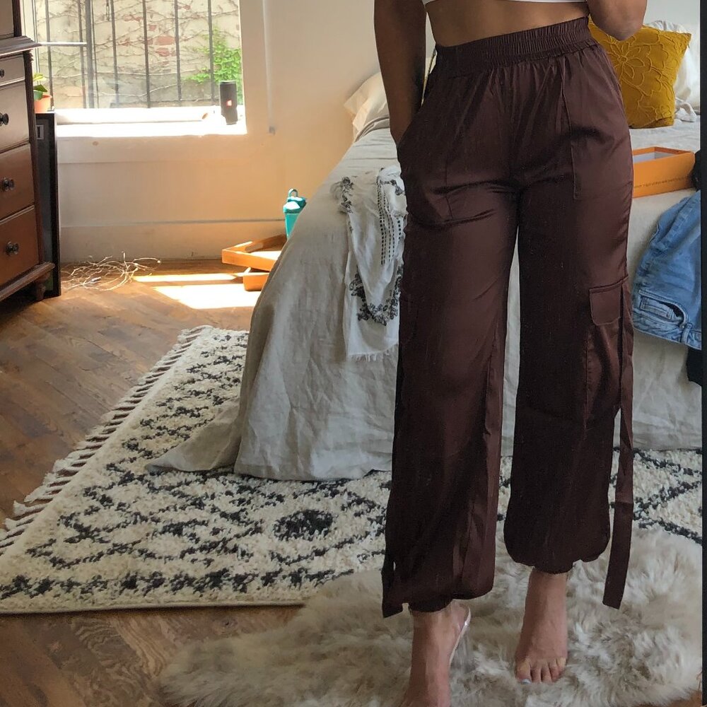 Chocolate Brown Silk Cargo Jogger Pants